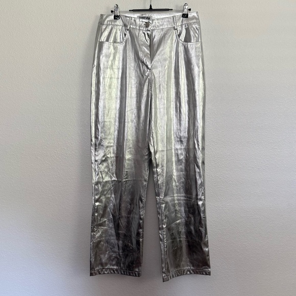 NWT Amylynn Silver Straight Leg Metallic Trousers Pants Large - Picture 2 of 8